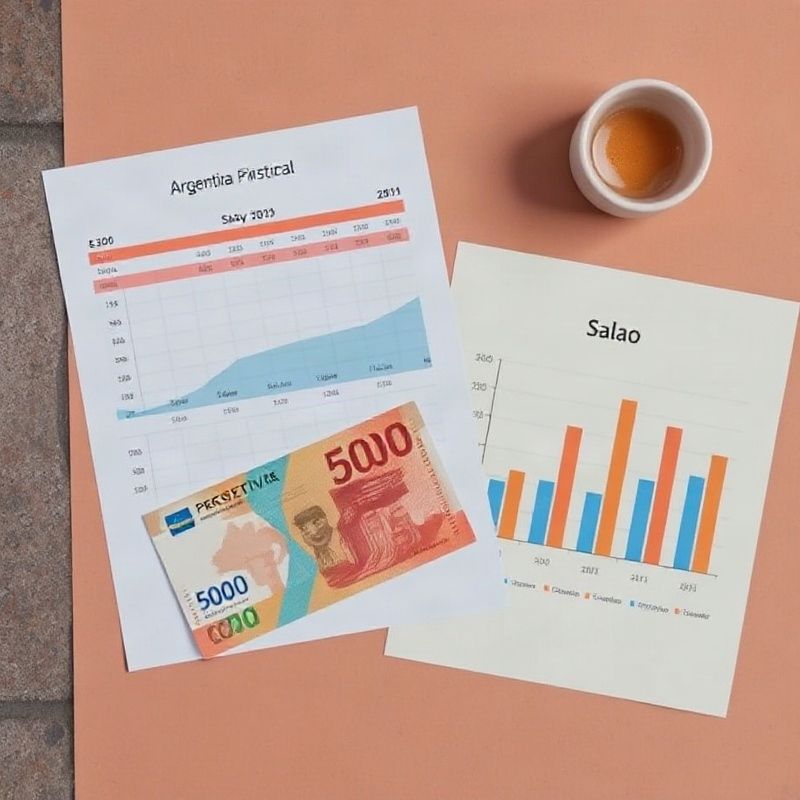 Billetes de peso argentino junto a tablas de datos salariales impresas